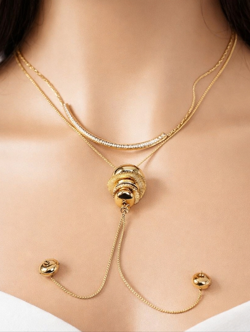 Gold Layered Necklace with Hammered Curve Slide Bar – Women’s Fashion Jewelry